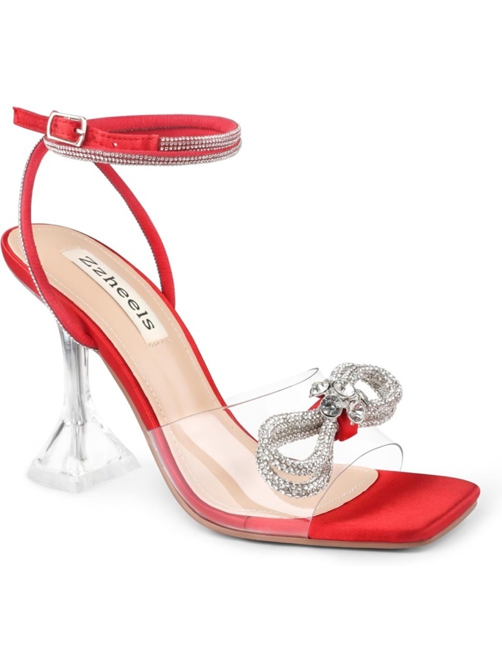 Zzheels Crystal Bow Red Satin Ankle-Strap Crystal Heel Sandals Heels